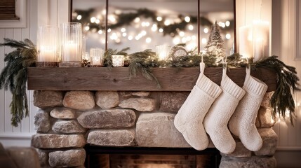 Obraz premium Rustic Christmas Fireplace with White Knitted Stockings and Candles
