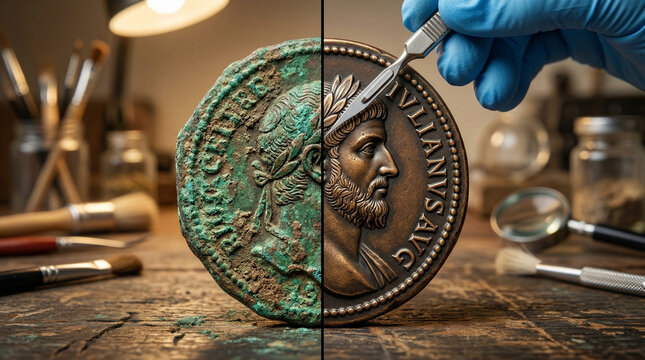 Conservator cleaning corroded Roman coin with scalpel on workbench