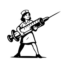 Logo Medical. Campaña de vacunación. Dibujo con líneas de una enfermera sujetando una jeringuilla de gran tamaño  © teracreonte