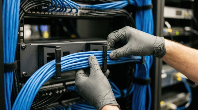 Hands in protective gloves organize blue network cables inside a server rack. The focus is on the neatness and order of the infrastructure.