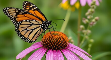 Obraz premium Monarch Butterfly Resting on Pink Coneflower in Garden