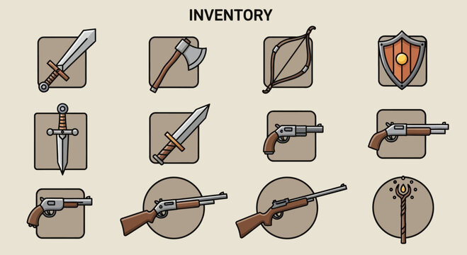 fantasy medieval weapon and armor collection featuring swords shields and rifles in an illustration