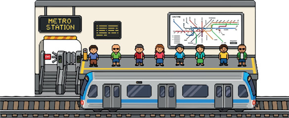 Pixel art illustration of a diverse group of people waiting for a train at a metro station with a map on the wall and a modern train on the tracks © Chico Store