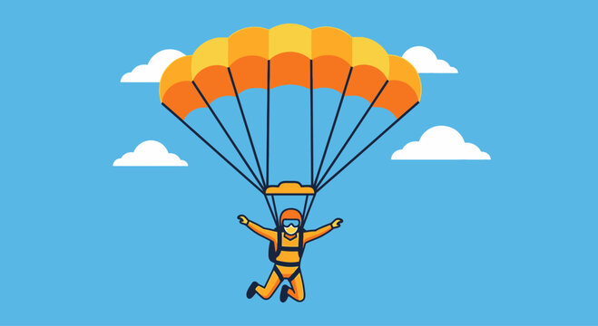 Illustration of a person skydiving with a colorful parachute against a bright blue sky