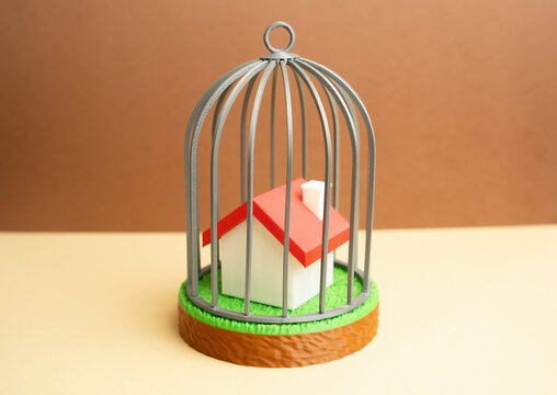 A house under a dome. Restrictions on property ownership and inability to sell. Legal barriers and asset seizure limit Real estate transactions and highlight financial control risks.