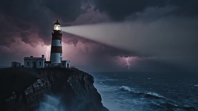 Lighthouse on cliff during storm