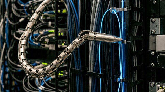 A specialized robot manages intricate cabling. The segmented, snake-like manipulator weaves fiber through tight spaces with mechanical precision.