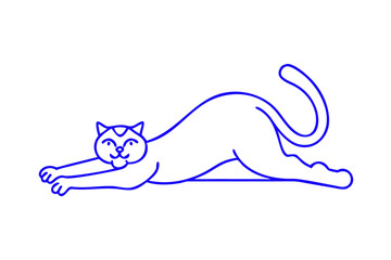 Naklejka premium A striking neon blue line drawing depicts a cat in a playful stretch