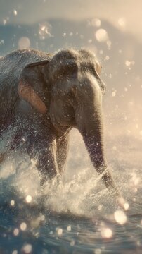 Majestic Elephant Splashing in Water During Golden Hour