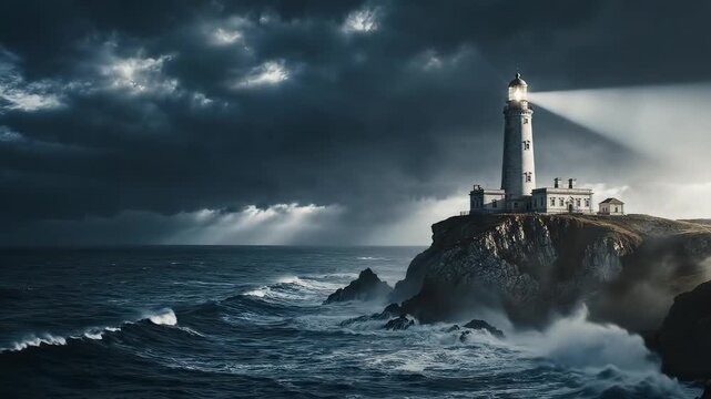 Lighthouse on rocky cliff by stormy sea