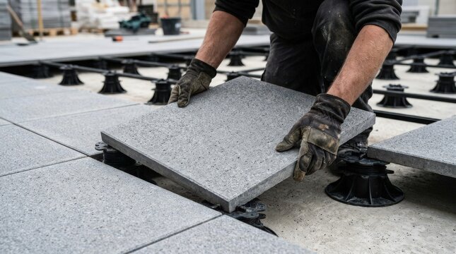 Finishing the raised floor surface. The specialist carefully lowers the heavy tile to ensure a perfectly flat and stable surface for future server racks.