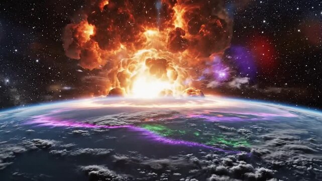 4K ultra-realistic animation of Earth sunrise with intense solar flare bursting from behind the planet, dramatic lighting effects illuminating atmosphere layers, glowing ionosphere