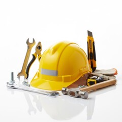 Fototapeta premium Construction Tools Arrangement on White Backdrop with Reflection