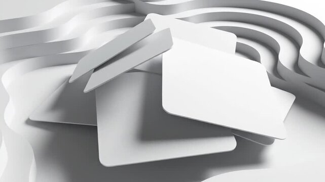 Abstract white paper cards falling and overlapping on wavy geometric background
