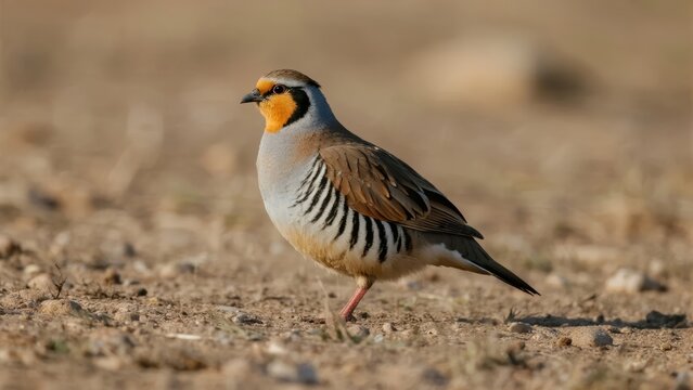 A male grey francolin bird standing on dry ground with distinctive yellow facial markings and striped plumage