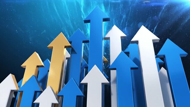 Blue and white arrows pointing upwards on a dark blue gradient background with lens flares