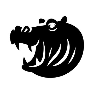 Logotipo con dibujo sencillo con silueta de la cabeza de un hipop&oacute;tamo con la boca abierta ense&ntilde;ando los colmillos 