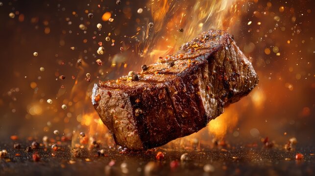 Grilled Beef Steak with Fire and Spices Gourmet Food Photography