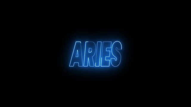 Glowing blue Aries text animation on black background. 4k animated typography Suitable for zodiac themed videos, astrology websites, horoscope content, and star sign related projects.
