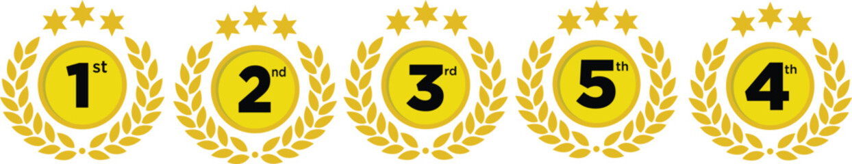 ranking badges with golden laurel wreath and stars vector illustration isolated on white background