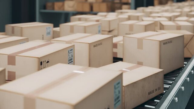 Brown cardboard boxes printed with Made in EU moving along a factory conveyor belt in Loopable animation. European supply chain logistics, e-commerce, trade tariffs, and export distribution concepts.