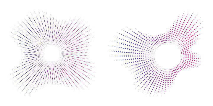 Sound equalizer icons with lines and dots, gradient neon circular sound wave frames, abstract radial music icons. Audio beat symbol concept isolated on white. Vector illustration.
