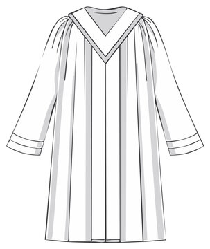 Line art fashion flat illustration of a pleated choir robe or graduation gown with a V neck yoke