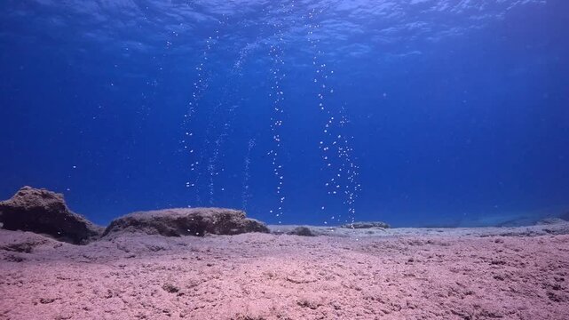 Rocky seabed and rising bubbles of the air, scuba diving exploration in the ocean. Bubbles, rocks and stones in the sea. Seabed and stones, vivid seascape. Scuba diving trip, underwater footage.