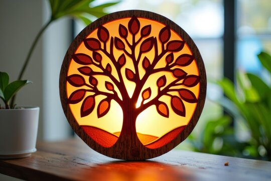 Dreamy Backlit Wooden Cutout with Vibrant Kelor Leaves Floating Around