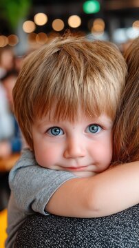 A young boy with blonde hair and striking blue eyes looks straight ahead, resting his head on an adult's shoulder in a soft-lit indoor setting at night. He has a gentle smile