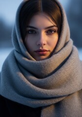 Fototapeta premium Close up of Woman with Gray Scarf in Snowy Winter Landscape