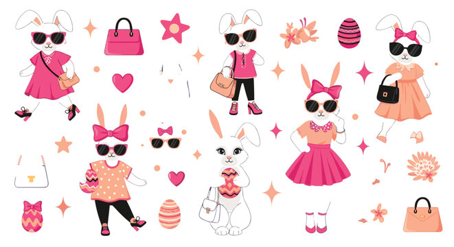 Fashionable Easter bunny characters with stylish outfits, sunglasses, dresses and accessories cute cartoon animal vector illustration collection