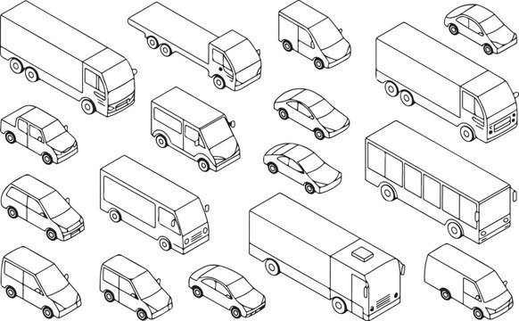 Set of city transport outlined isometric vehicles, cars, trucks, buses