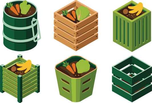 Isometric composting bins with organic waste and kitchen scrap icons
