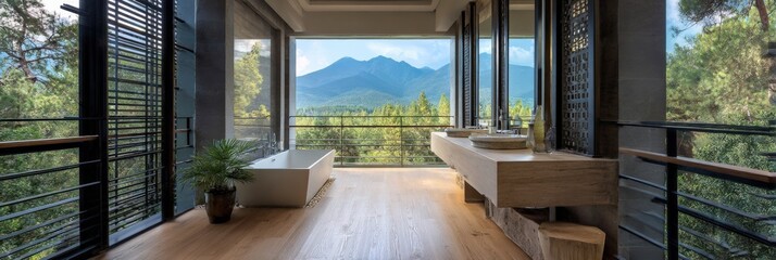 Fototapeta premium Wooden bathroom mountain view bathtub balcony wide panoramic layout double vanity seamless glass railings and minimalist spa aesthetic