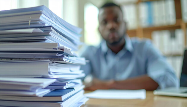 Businessperson sitting at desk with towering pile of files and papers. Administrative workload and bureaucracy, blurred office background