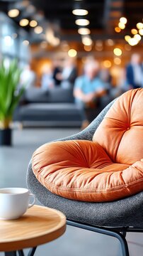 Comfortable grey armchair with an orange cushion beside a wooden table holding a white coffee cup. People relax in the inviting, blurred background of a modern office lounge space