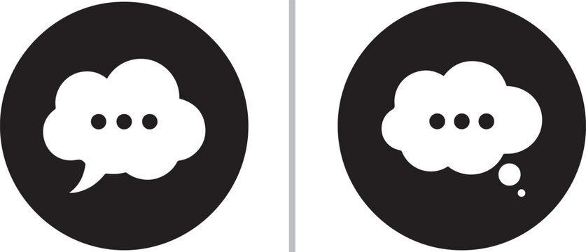 Minimalist vector icon set featuring a white speech bubble and a thought cloud with ellipsis dots inside solid black circles, representing chat, brainstorming, and mental processing.