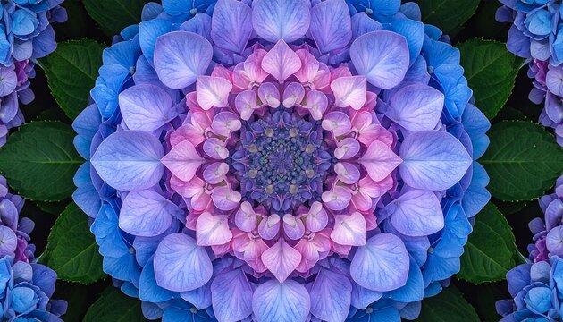 青と紫の紫陽花が万華鏡のように広がる幻想的な花のマンダラ