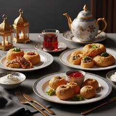 Fototapeta premium Elegant Still Life with Stuffed Pastries Tea and Golden Utensils