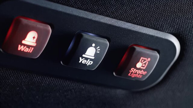 Close Up of Emergency Siren and Strobe Light Controls in Police Car Interior