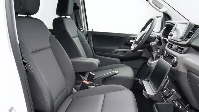 Modern Utility Van or Police Car Interior with Mobile Computer Workstation Dock