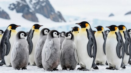 Fototapeta premium Penguins gather on ice in Antarctica during a cold season with many young chicks nearby