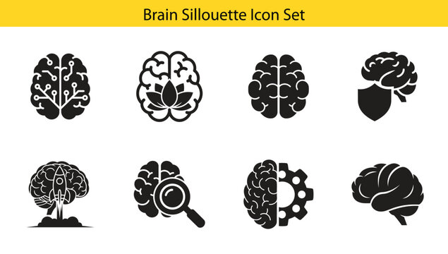 Human brain silhouette icon group showing growth and mechanism mental concepts for modern business interface design projects