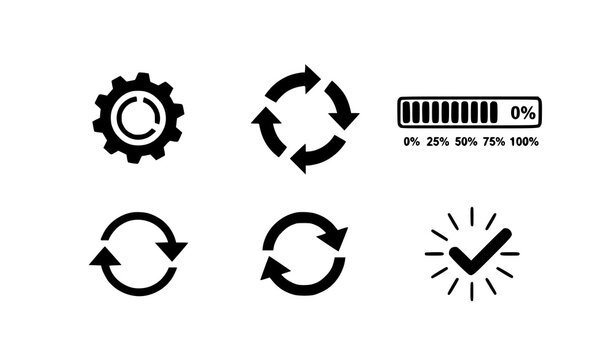Loading and Refresh Icon Set with Progress Bar, Circular Arrows, Gear Settings, and System Update Indicators for UI, App, and Web Design