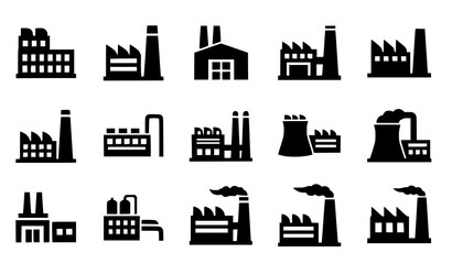 Obraz premium Factory and Industrial Building Icon Set Featuring Manufacturing Plants, Warehouses, Power Stations, and Industry Facilities for Production, Engineering, and Infrastructure Design