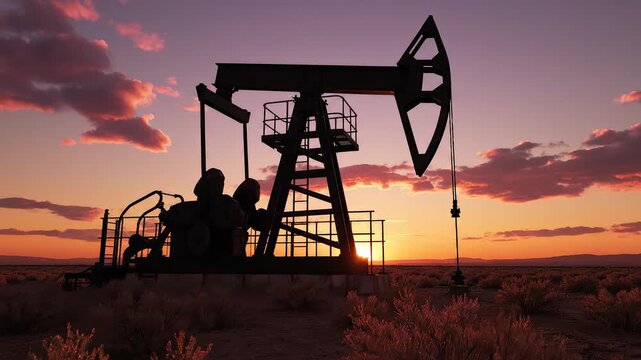 Oil pump at sunset with sky and bushes