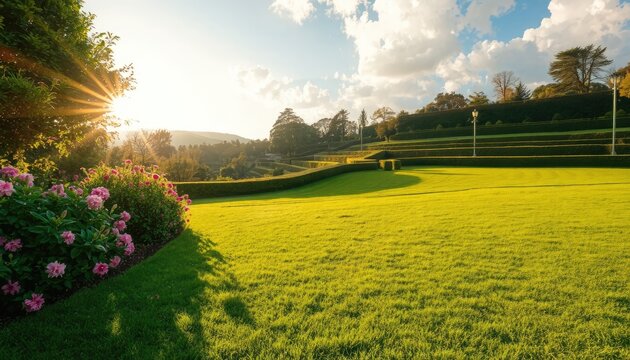 Sunlit manicured gardens with vibrant flowering bushes and tiered hedges, perfect for outdoor events and tranquil retreats