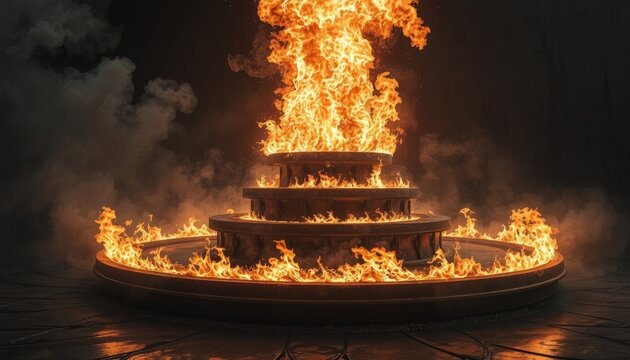 Sacred ancient altar engulfed in mystical flames and smoke, perfect for fantasy, rituals, or powerful storytelling presentations