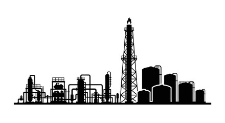 Fototapeta premium Industrial Oil Refinery and Petrochemical Plant Silhouette with Gas Flare Stack and Storage Tanks. Professional Vector Illustration for Energy and Fuel Industry Concepts.
